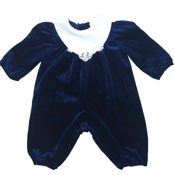 Rare Editions Other - Vintage Rare Editions Bubble Romper Girls Blue Velvet Lace Peter Pan Collar 18M